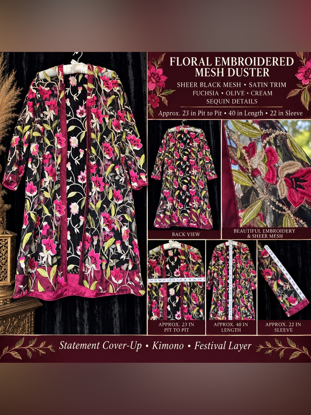 Floral Embroidered Mesh Duster Jacket - Black & Fuchsia